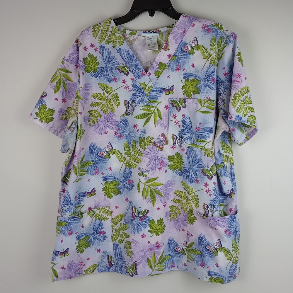 SB Scrubs Womens XL Purple Butterfly Leaves Vneck Short Sleeve Medical Scrub Top
